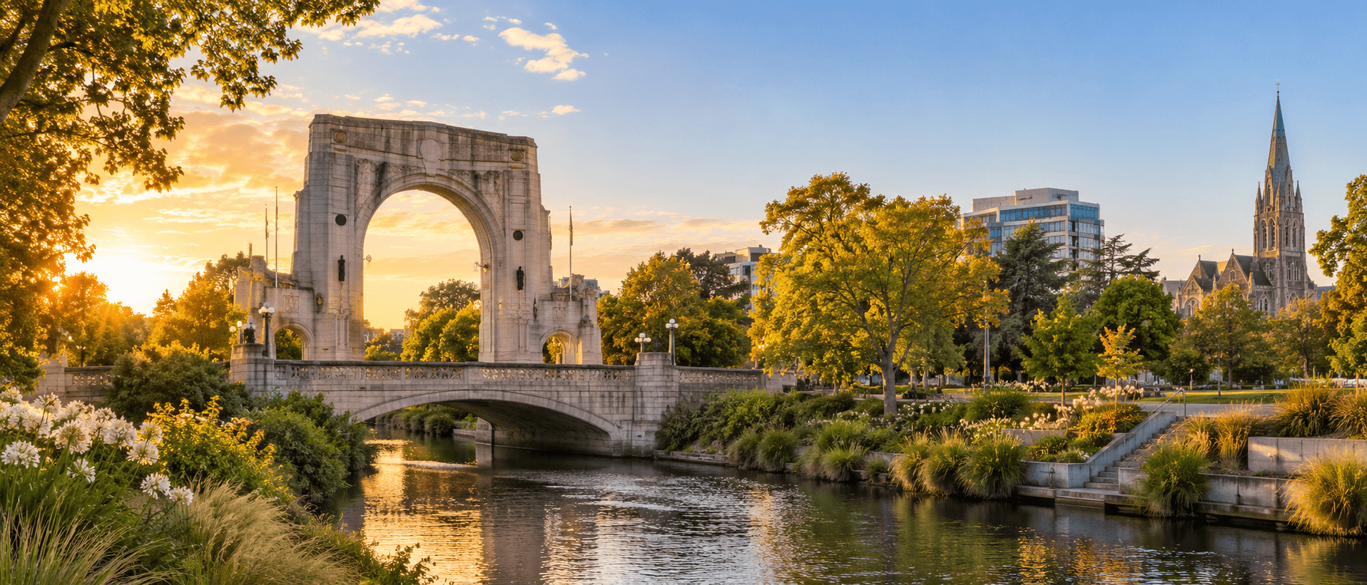 The Bridge of Remembrance in Christchurch lit by golden evening sun, with the Avon River, spring gardens and the Cathedral spire beyond